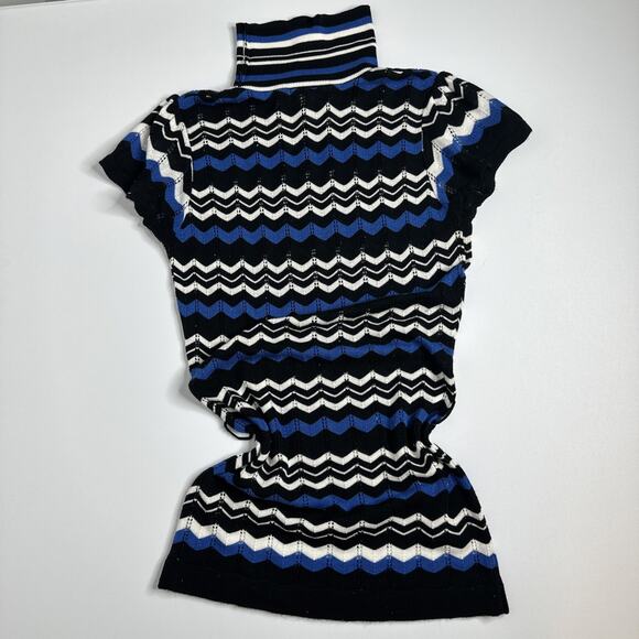 90s Y2K Vintage Mock Neck Turtleneck Tunic Top Small Blue Black Striped Retro - Picture 2 of 7